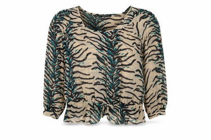 Front view of Preworn women’s beige animal print basic blouse, size UK 14