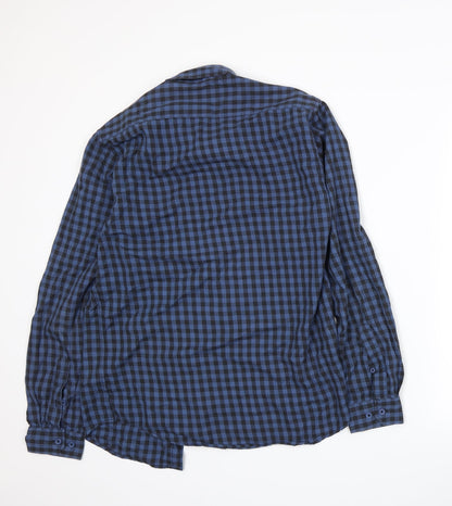 Back view of Seed men’s blue check button-up, size M