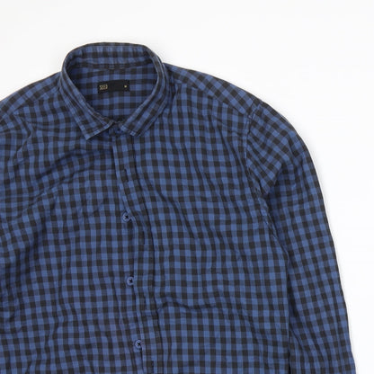 Close-up detail of Seed men’s blue check button-up, size M