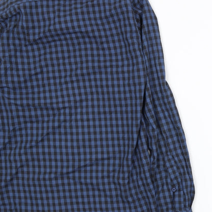 Brand and care label for Seed men’s blue check button-up, size M