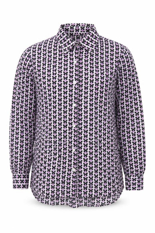 Front view of Gap men’s purple animal print button-up, size XS