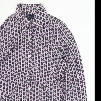 Close-up detail of Gap men’s purple animal print button-up, size XS