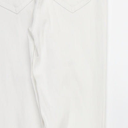 Brand and care label for legging women’s white mom jeans, size UK 8, 25-inch leg