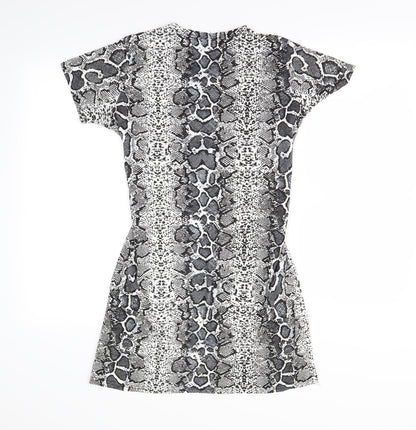 Back view of PRETTYLITTLETHING women’s white animal print mini, size UK 8