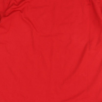 Brand and care label for Boohoo women’s red basic t-shirt, size UK 6