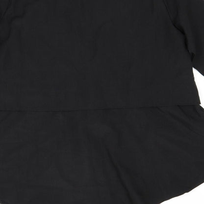 Brand and care label for Preworn women’s black basic blouse, size L