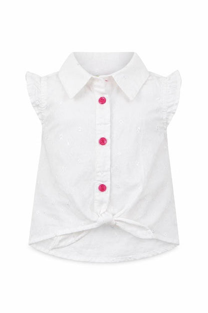 Front view of Penelope Mack girls’ white floral woven basic button-up, size 2, years