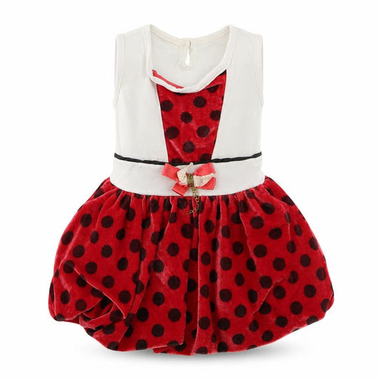 Front view of Seram girls’ red polka dot velour skater dress, size 18-24, months
