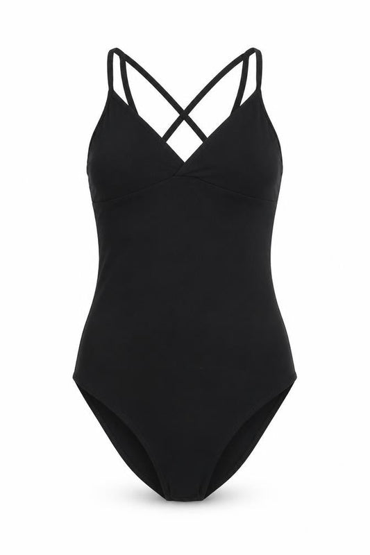 Front view of Miss Selfridge women’s black jersey bodysuit one-piece, size UK 6, - strappy