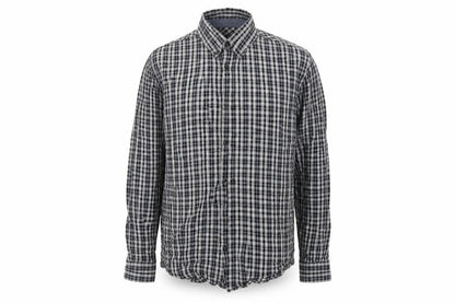 Front view of Easy men’s black check button-up, size L