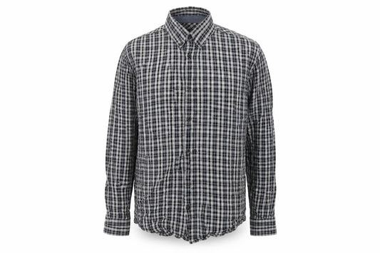 Front view of Easy men’s black check button-up, size L