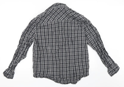Back view of Easy men’s black check button-up, size L
