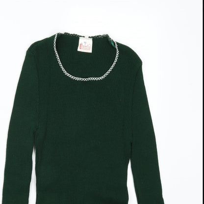 Close-up detail of 100acrylic women’s green basic t-shirt, size M