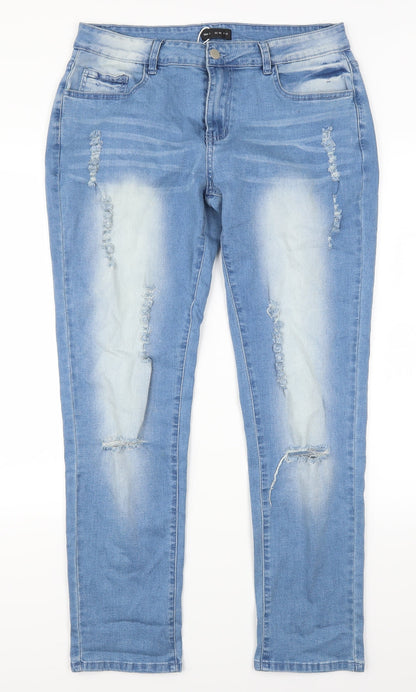 Additional front view of Tendency women’s blue denim mom jeans, size L, 31-inch leg