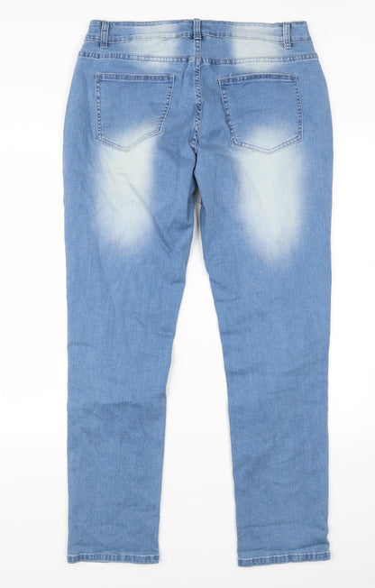 Back view of Tendency women’s blue denim mom jeans, size L, 31-inch leg