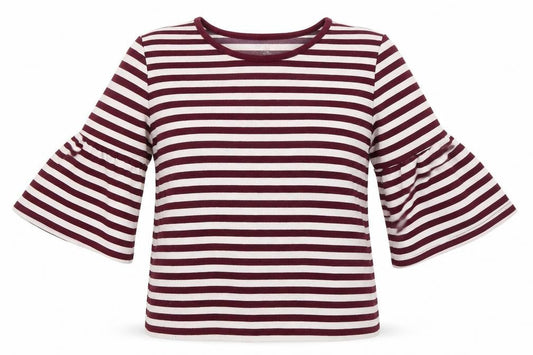 Front view of Gap women’s red striped jumper, size XS, - frill sleeve