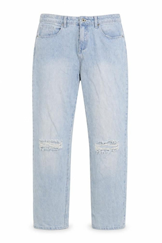 Front view of forever denim women’s blue denim straight jeans, size UK 14, 27.5-inch leg