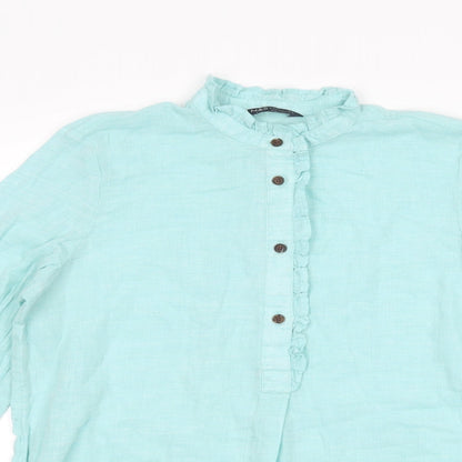 Close-up detail of Marks & Spencer women’s blue basic blouse, size UK 8