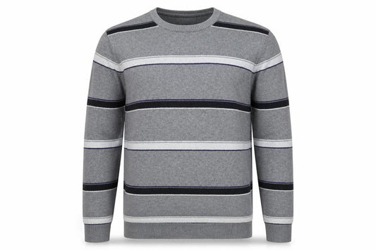 Front view of Atlantic Bay men’s grey striped knit jumper, size XL