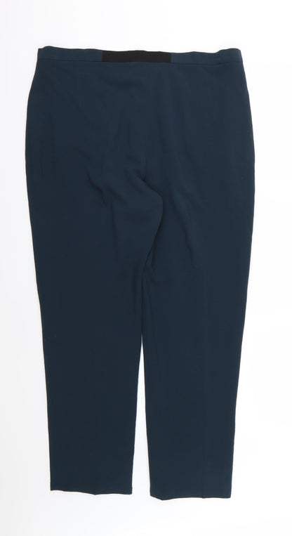 Back view of Preworn women’s blue rayon trousers, size UK 38, in, 28-inch leg