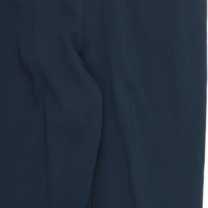 Brand and care label for Preworn women’s blue rayon trousers, size UK 38, in, 28-inch leg