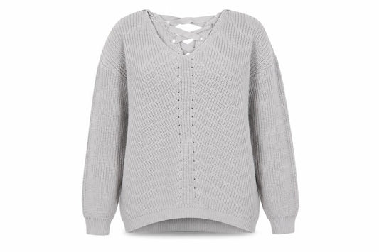 Front view of Primark women’s grey knit jumper, size UK 6