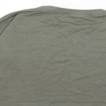Brand and care label for H&M girls’ green pullover sweatshirt, size 13-14, years