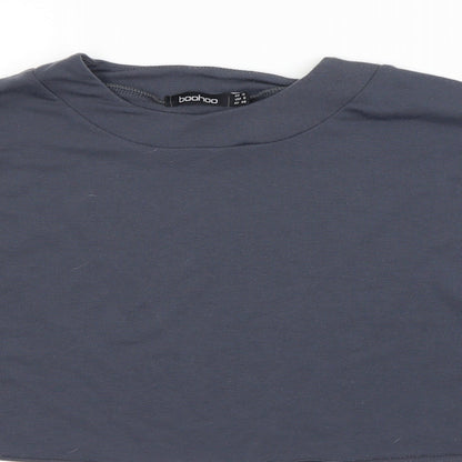 Close-up detail of Boohoo women’s grey cropped t-shirt, size UK 12