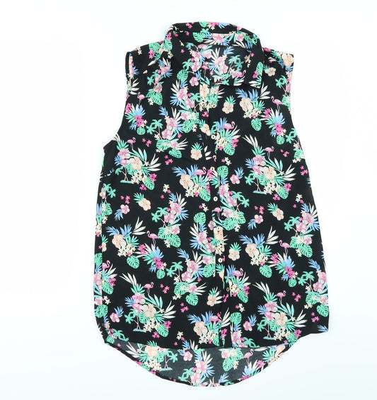 George Womens Black Floral  Tunic Button-Up Size 8