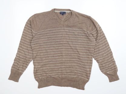 Easy Mens Brown Striped Knit Pullover Jumper Size L