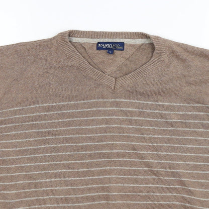 Easy Mens Brown Striped Knit Pullover Jumper Size L