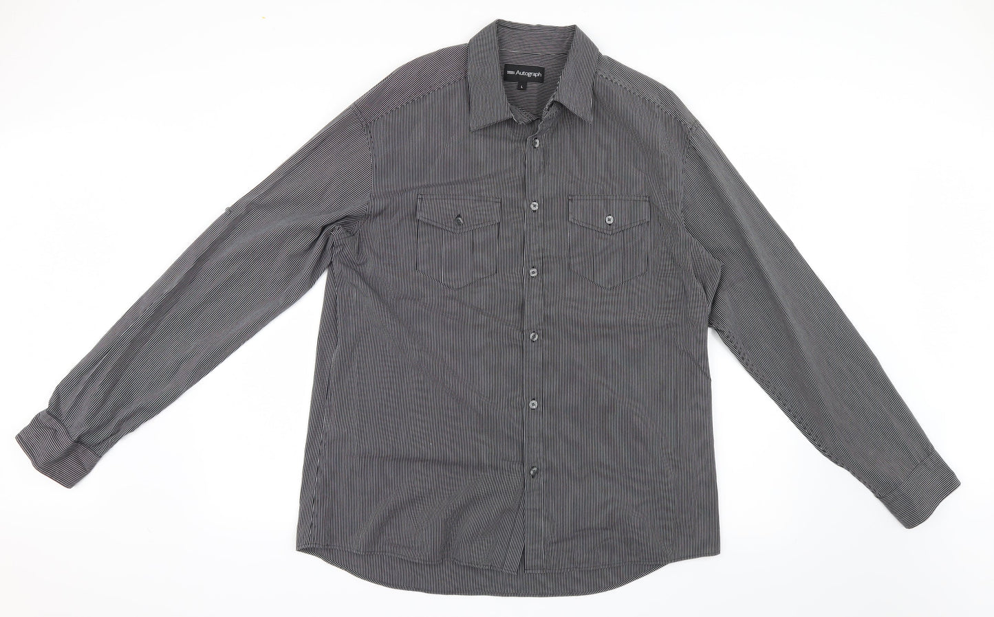 Marks and Spencer Mens Grey Striped   Button-Up Size L