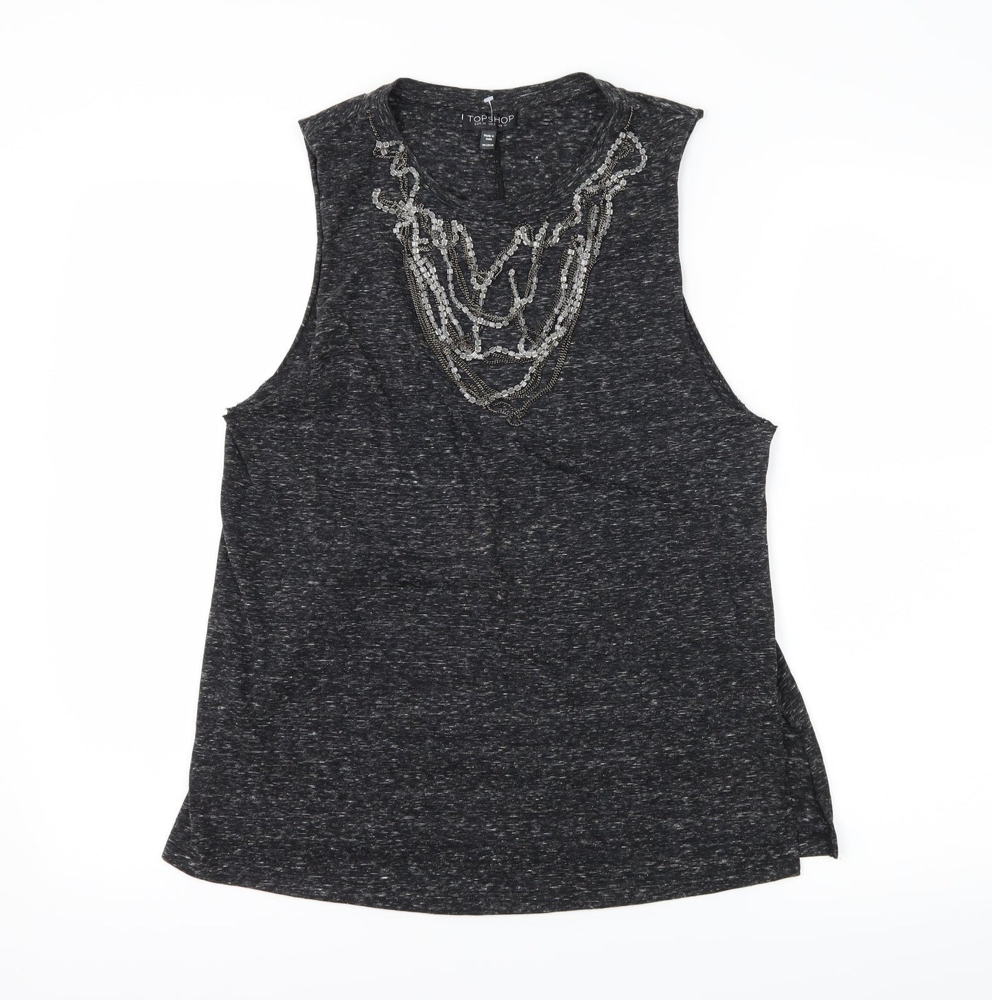 Topshop Womens Grey  Jersey Basic T-Shirt Size 10  - Embelished Neckline