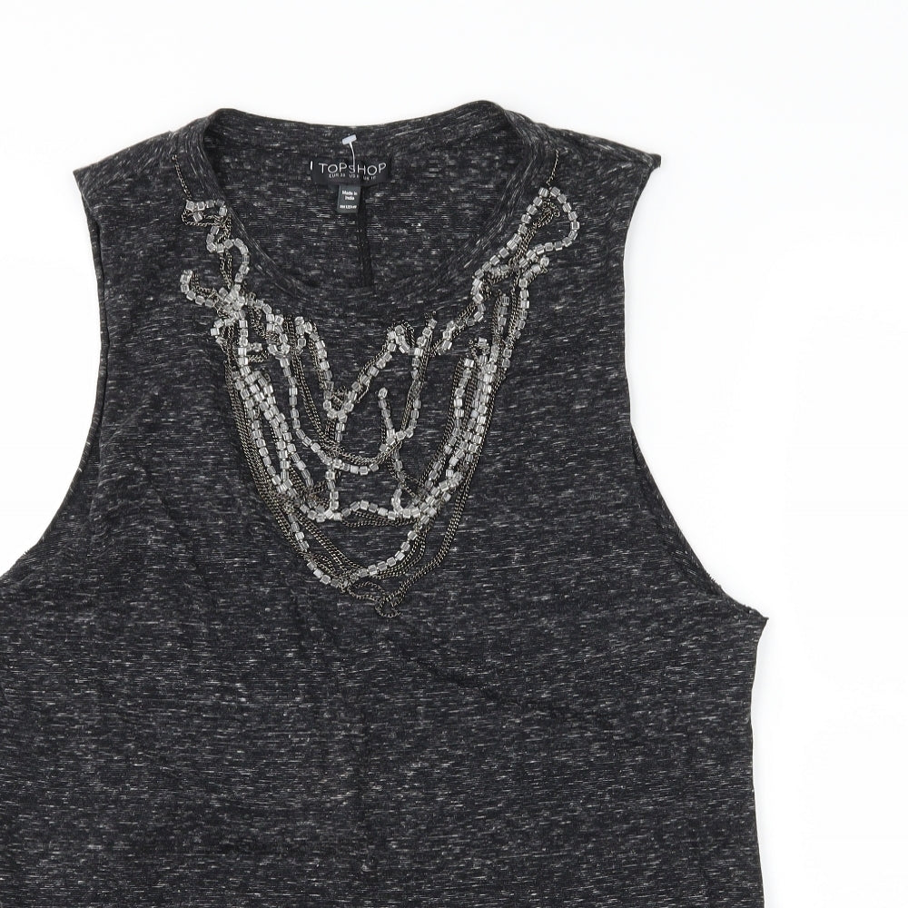 Topshop Womens Grey  Jersey Basic T-Shirt Size 10  - Embelished Neckline
