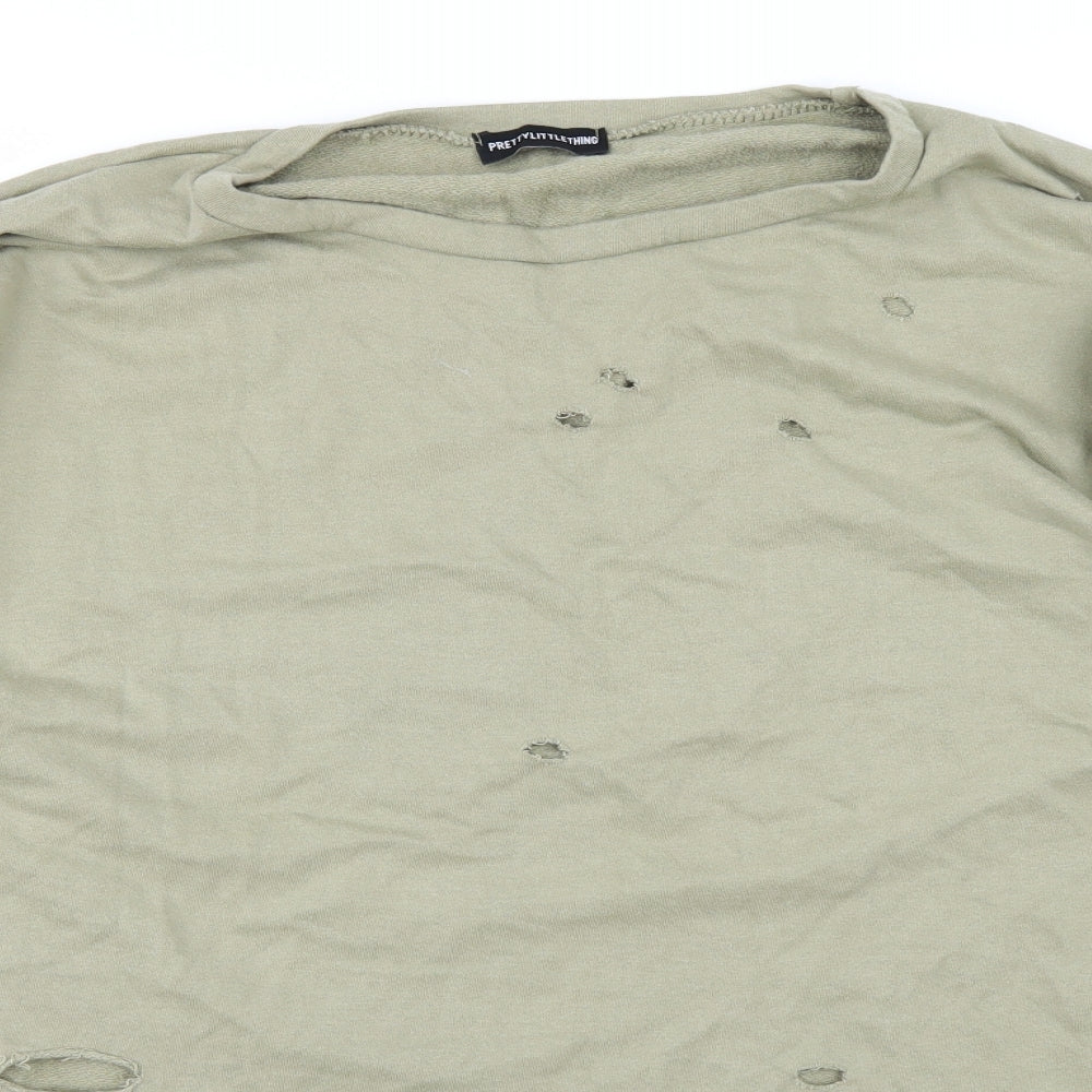 PRETTYLITTLETHING Womens Green   Basic T-Shirt Size 8  - ripped details