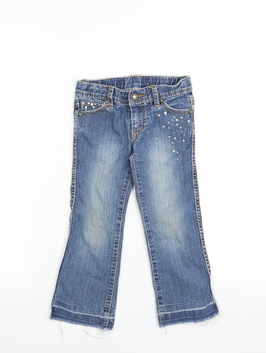 Pumpkin Patch Girls Blue   Straight Jeans Size 4 Years - distressed hem sequins