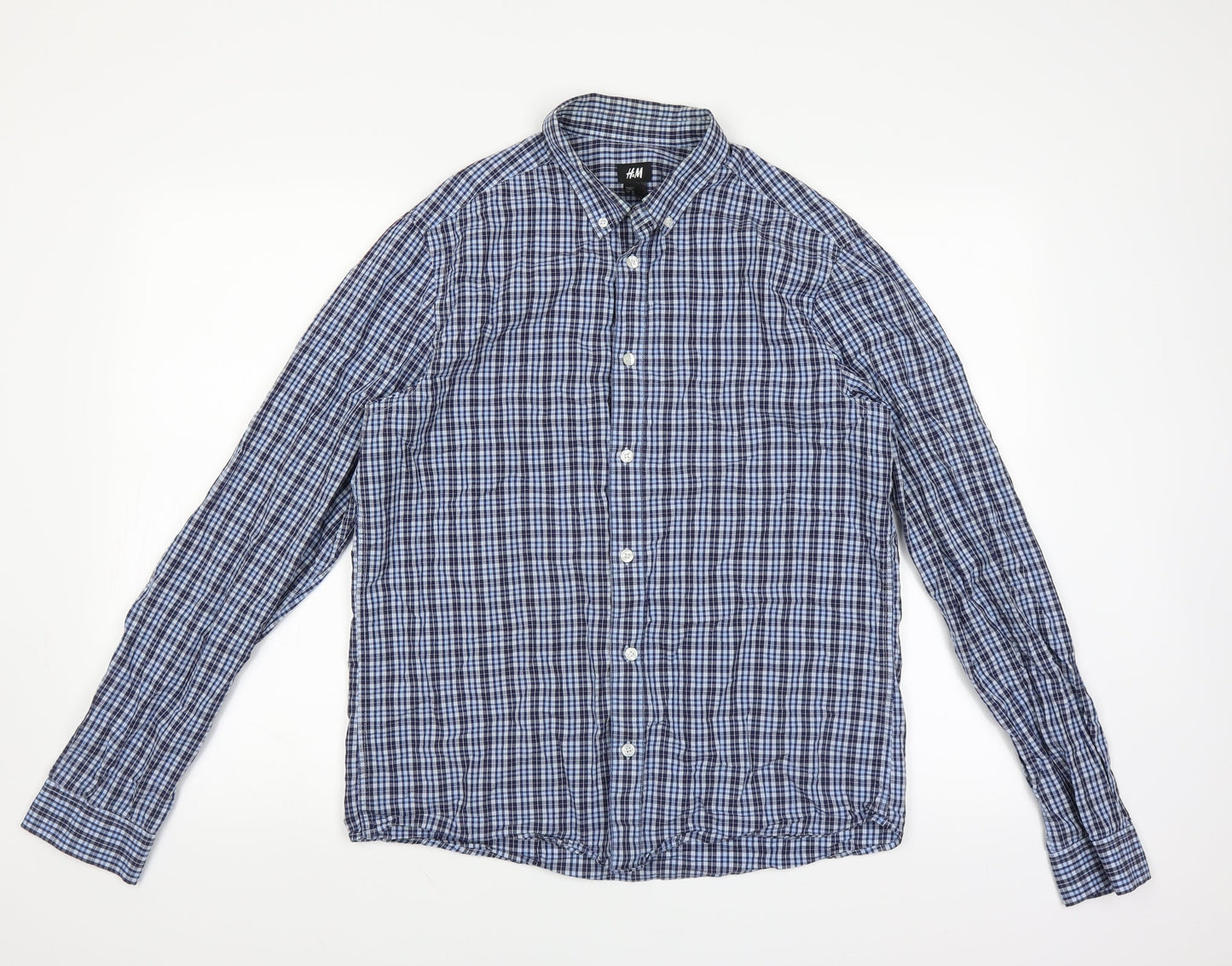 H&M Mens Blue Check   Button-Up Size M