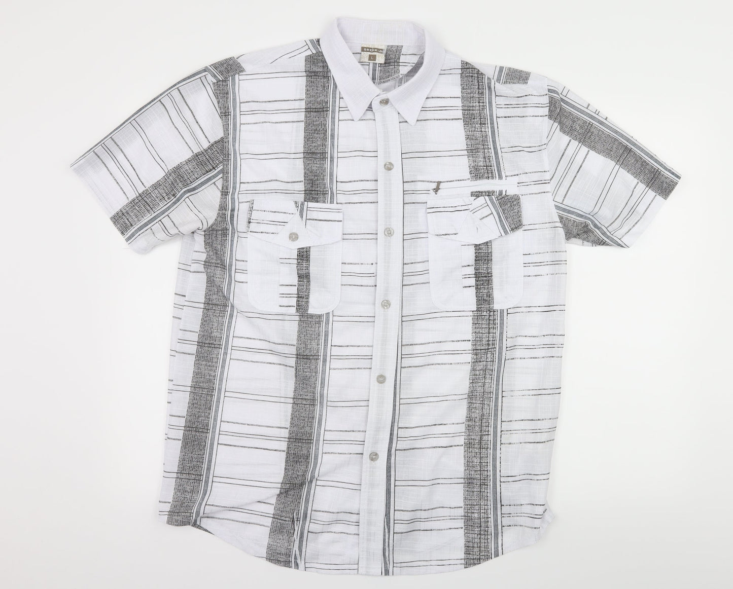 Green-G Mens White Striped   Button-Up Size L