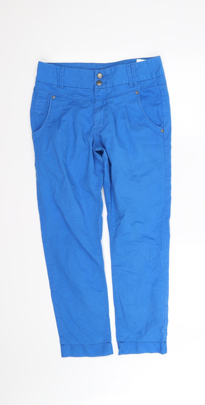 Additional front view of only designer women’s blue trousers, size M, 32-inch leg