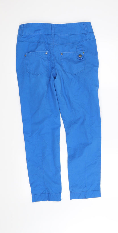 Back view of only designer women’s blue trousers, size M, 32-inch leg