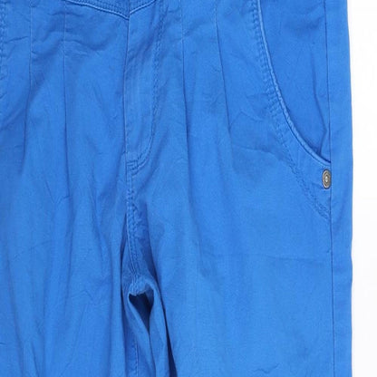 Close-up detail of only designer women’s blue trousers, size M, 32-inch leg