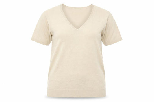 Front view of Casual Comfort women’s beige knit jumper, size UK 12