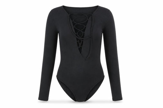 Front view of Missguided women’s black bodysuit one-piece, size UK 8
