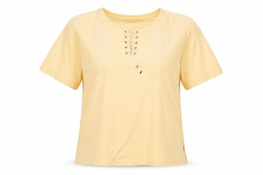 Front view of royal fashion women’s yellow basic t-shirt, size M