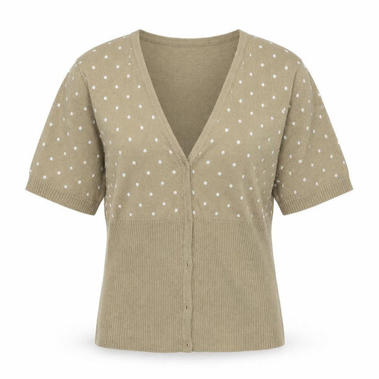 Front view of Chillytime women’s beige polka dot cardigan jumper, size UK 14
