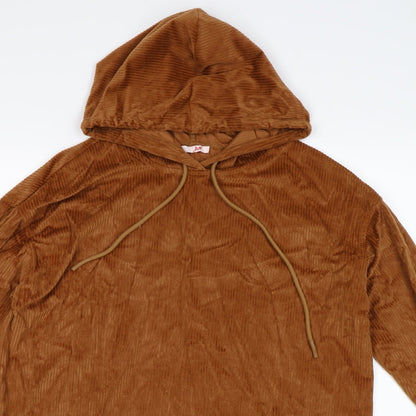 Close-up detail of J & H women’s brown striped velour pullover hoodie, size M