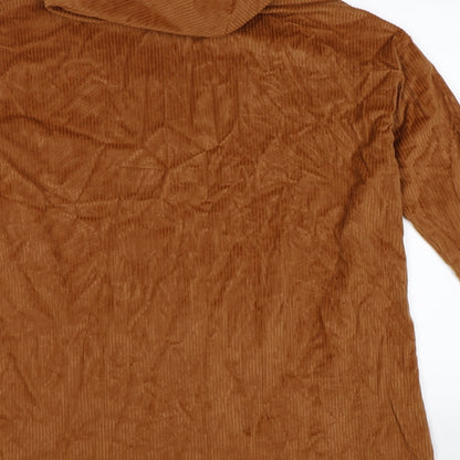 Brand and care label for J & H women’s brown striped velour pullover hoodie, size M