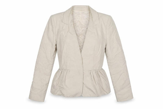 Front view of Mango women’s beige striped jacket suit jacket, size XS