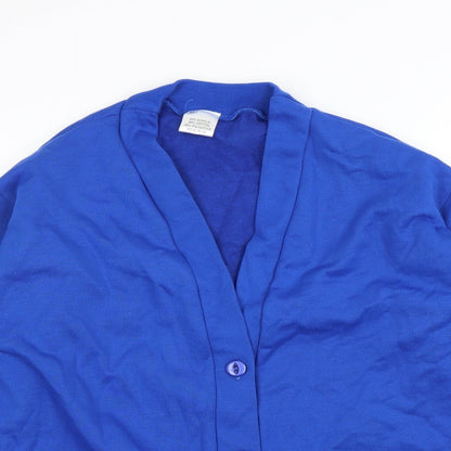 Close-up detail of Preworn women’s blue cardigan jumper, size M