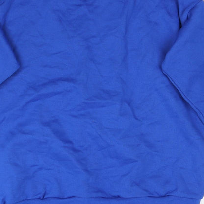 Brand and care label for Preworn women’s blue cardigan jumper, size M